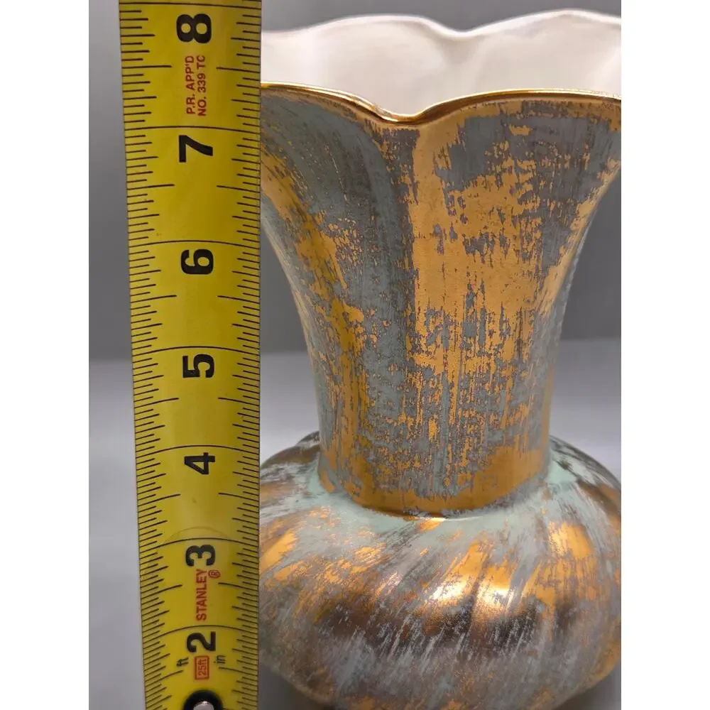 Vintage Stangl Pottery Vase Fluted Textured Aqua and brushed 22K gold overlay